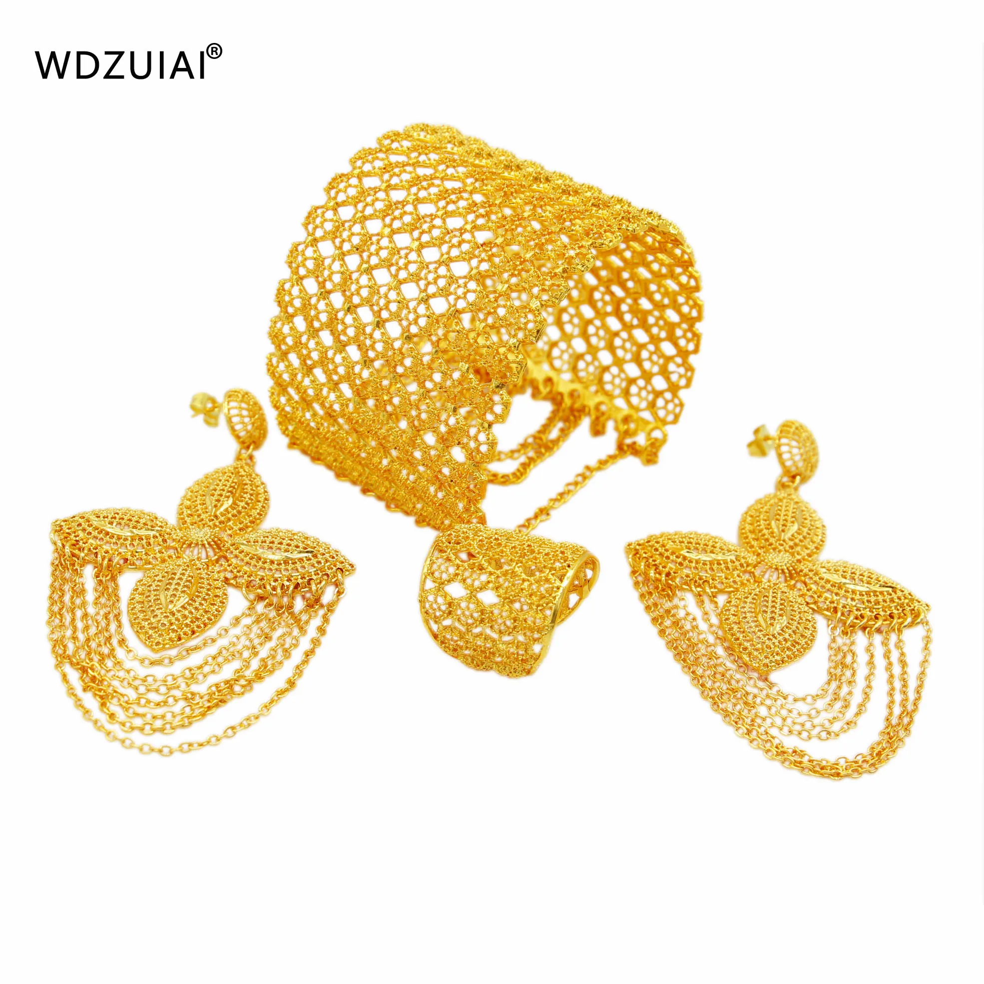 WDZUIAI New Arrival 24K Gold Color Tassels Cuff Bracelet/Earrings/Ring Wedding Jewelry Set African Spain Arab Women Girl Jewelry