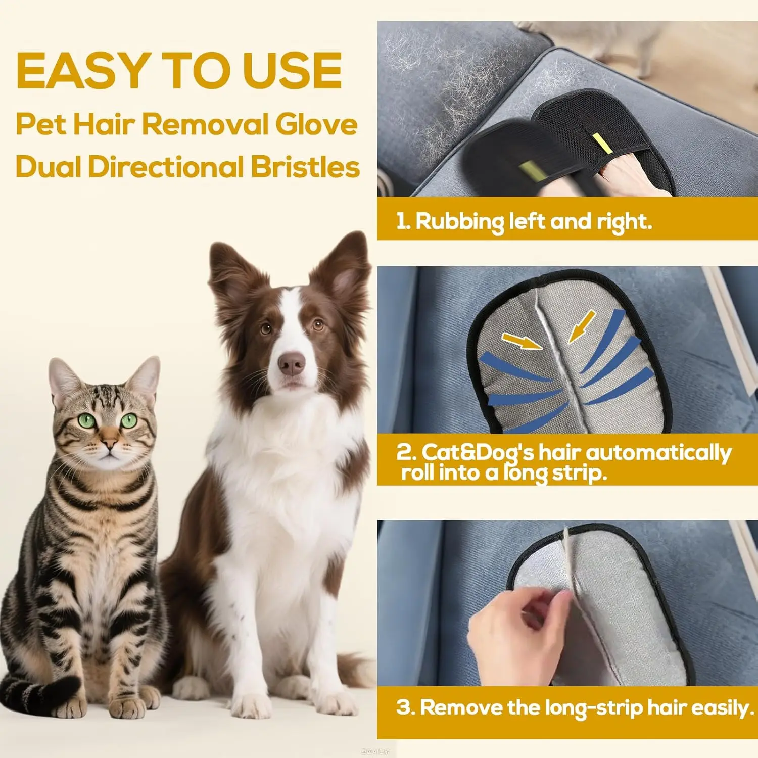 Pet Hair Removal Glove - 2 Pack Pet Hair Remover Glove, Electrostatic Gloves Pet Hair Lint Rolls into Strips, Dog and Ca