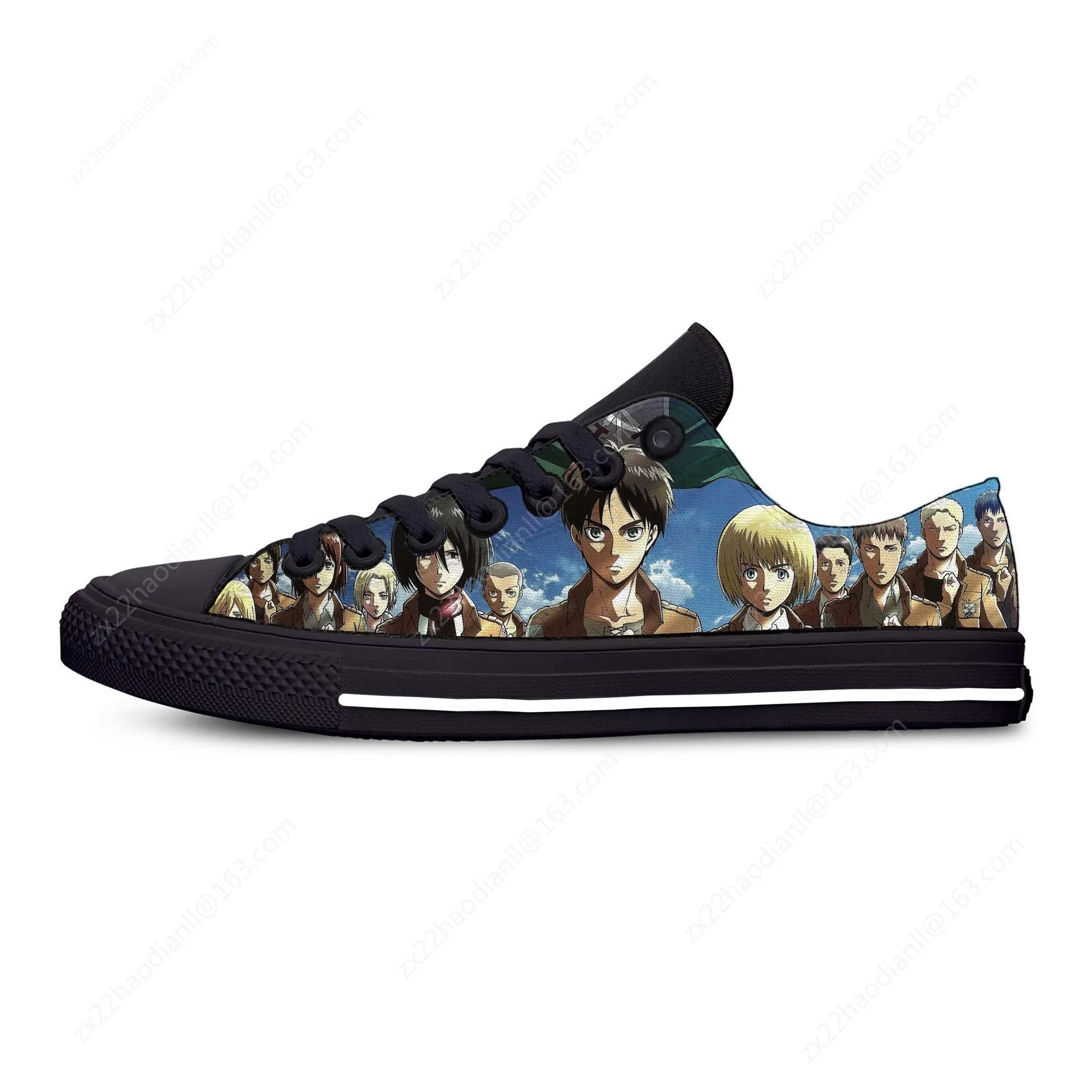 Homens e Mulheres Ataque em Titan Anime Sapatos de Lona, Pano Leve, 3D Print, Moda Engraçada, Low Top, Tênis Respiráveis, Sapatos Casuais, Quente