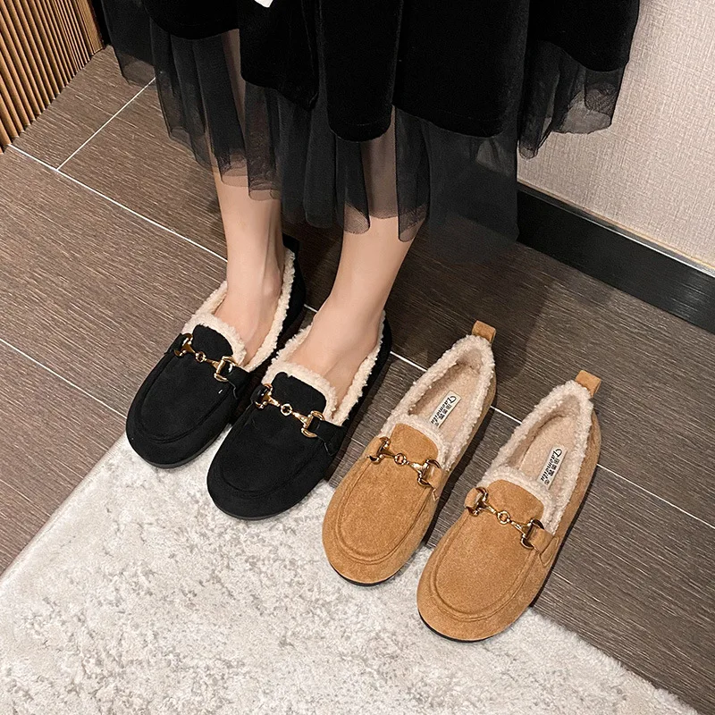 2023Winter New Women's BeanShoes with PlushThick Sole Vintage Cotton ShoesFashion Fur Single ShoesPlush Cotton Shoes Large Shoes