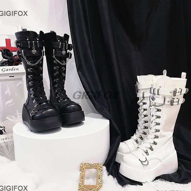 GIGIFOX Platform High Wedges Gothic Style Women Mid Calf Boots Buckle Zipper Metal Chain Punk Round Toe Autumn Shoes Boots