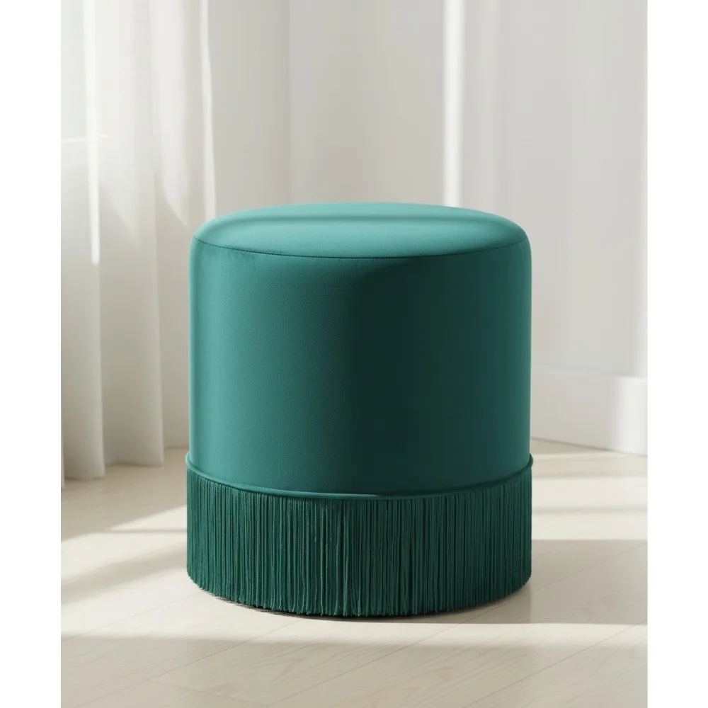 

Modern Velvet Ottoman with Tassels, Green Plush Footrest for Living Room, 15.5x15.5x17.5 Inches