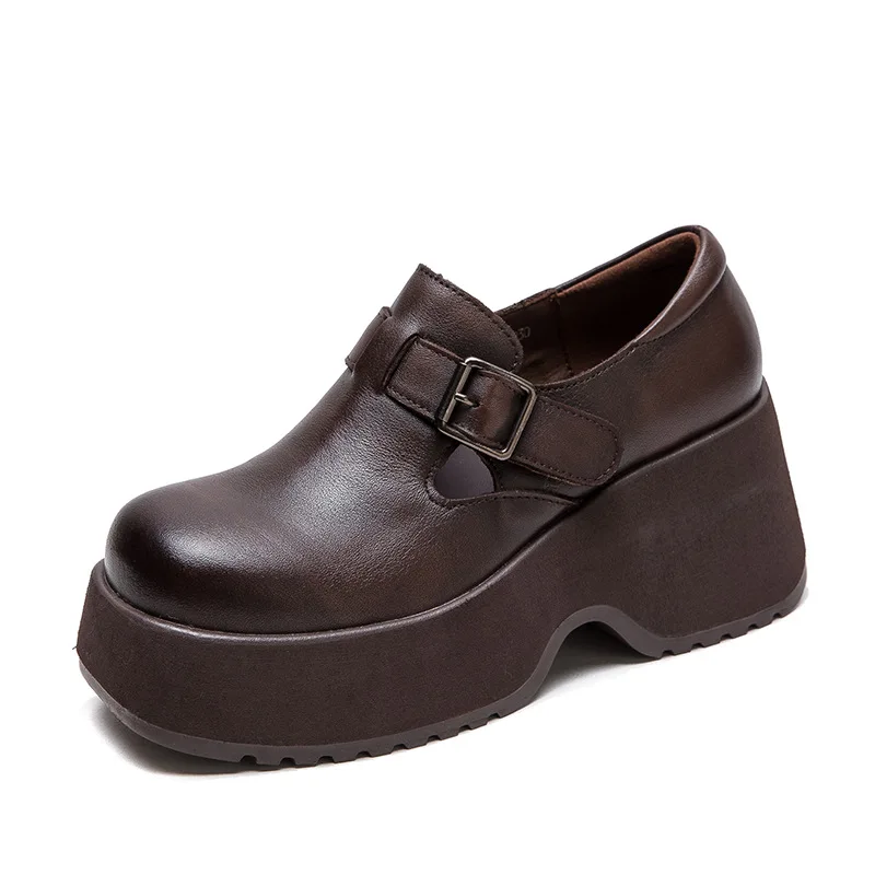 

7cm Cow Genuine Leather Designer Spring Platform Wedge Flats Autumn Flats Women Fashion Hook Rubber Mary Jane Shoes
