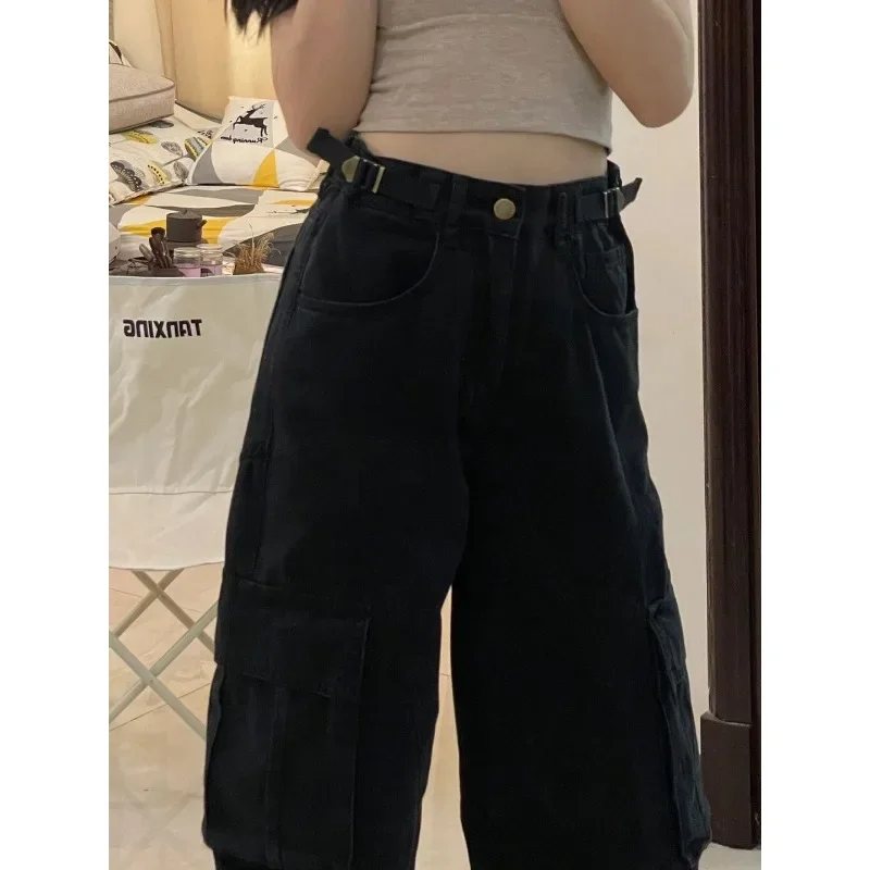 2024 Autumn Large Size Loose Straight Wide-leg  Women  Pants Tide Retro High Street Adjustable Belt Black Overalls Panties