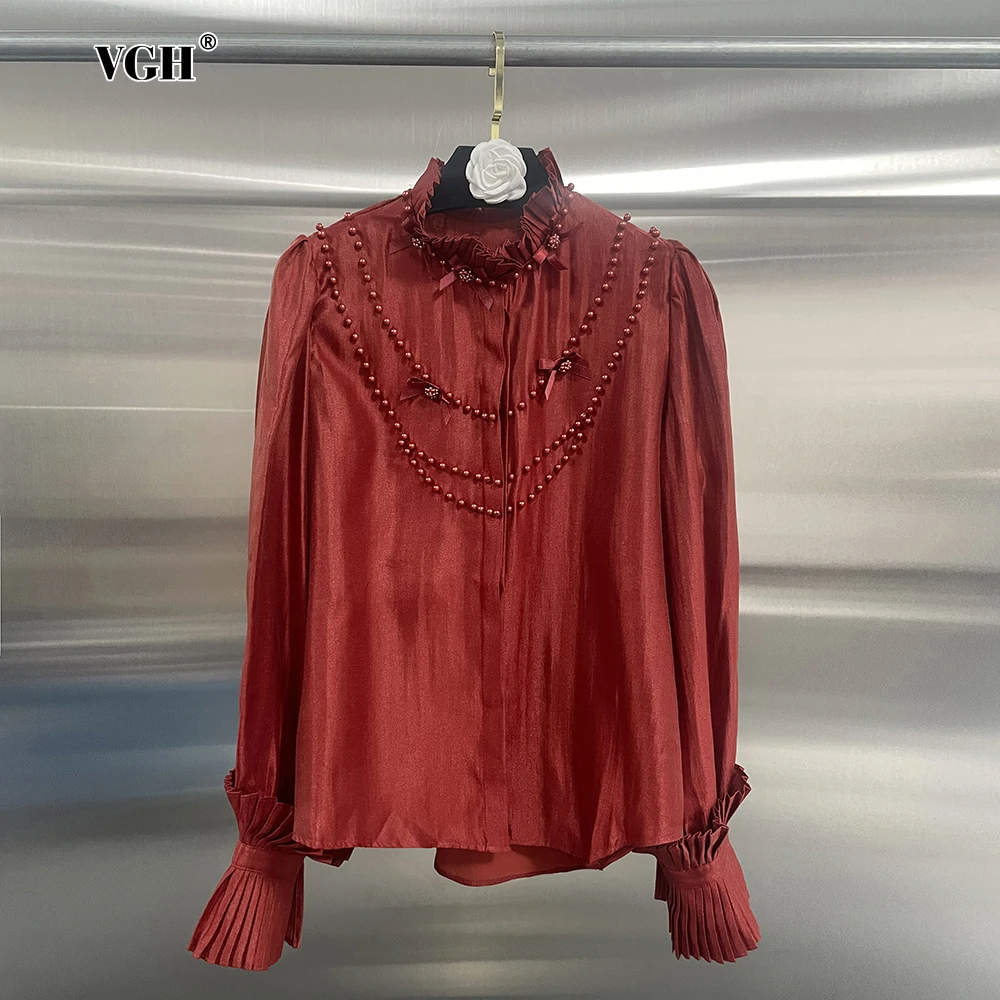 VGH Solid Spliced Bowknot Elegant Chic Blouse For Women Stand Collar Long Sleeve Temperament Pearl Blouse Female New Autumn 2024