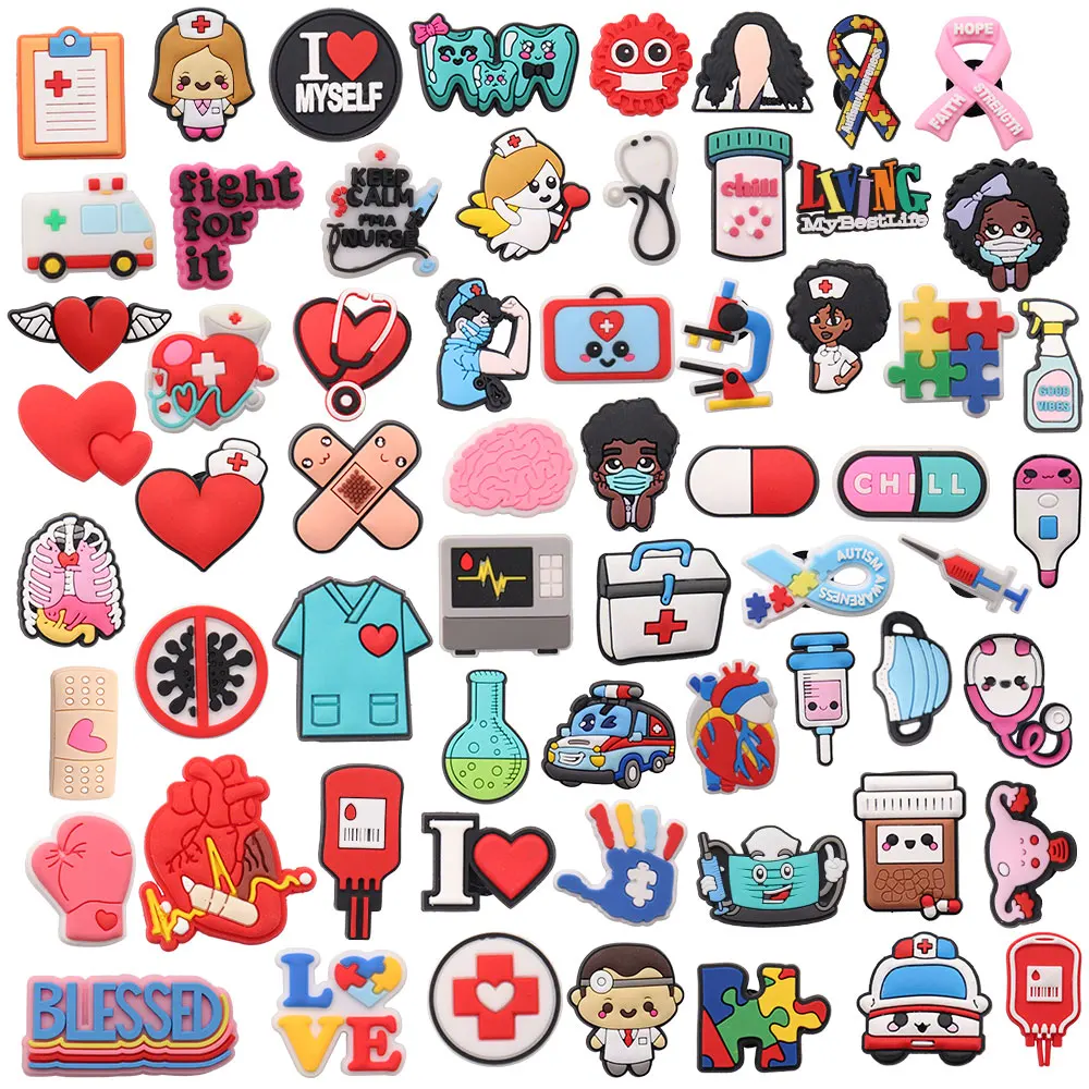 Mix 100 sztuk/zestaw lekarz pielęgniarka serce zęby buty dekoracje medycyna sandały klamra do butów dla dzieci opaska na nadgarstek urok