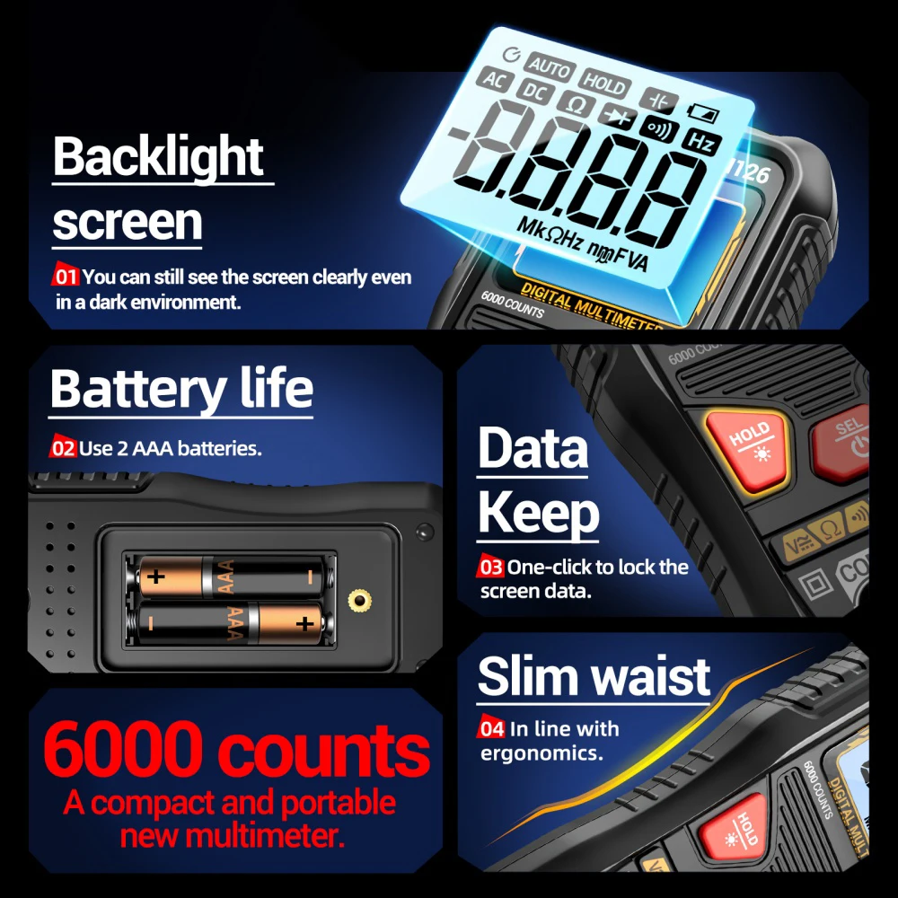 M126 Digital Multimeter AC DC 600V Voltage Capacitance Resistance Live Wire Diode Tester 6000 Counts Automatic Detect Meter
