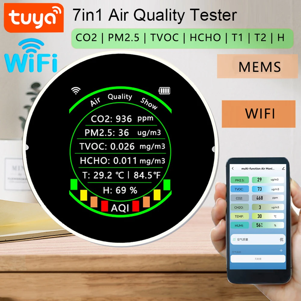 

Датчик качества воздуха Tuya Wi-Fi 7 в 1, портативный измеритель температуры и влажности, pm2, 5 CO2, TVOC, HCHO, AQI, детектор диоксида углерода с сигналом