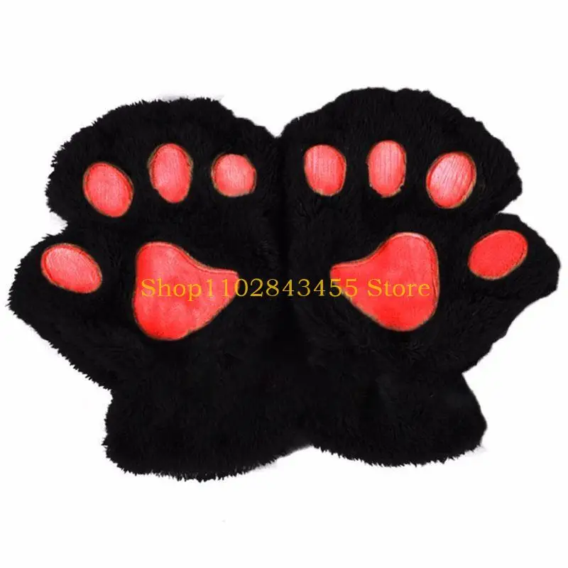 49MC Women Girls Lovely for Cat Paw Claw Thick Half Fingerless Gloves Plush Mi