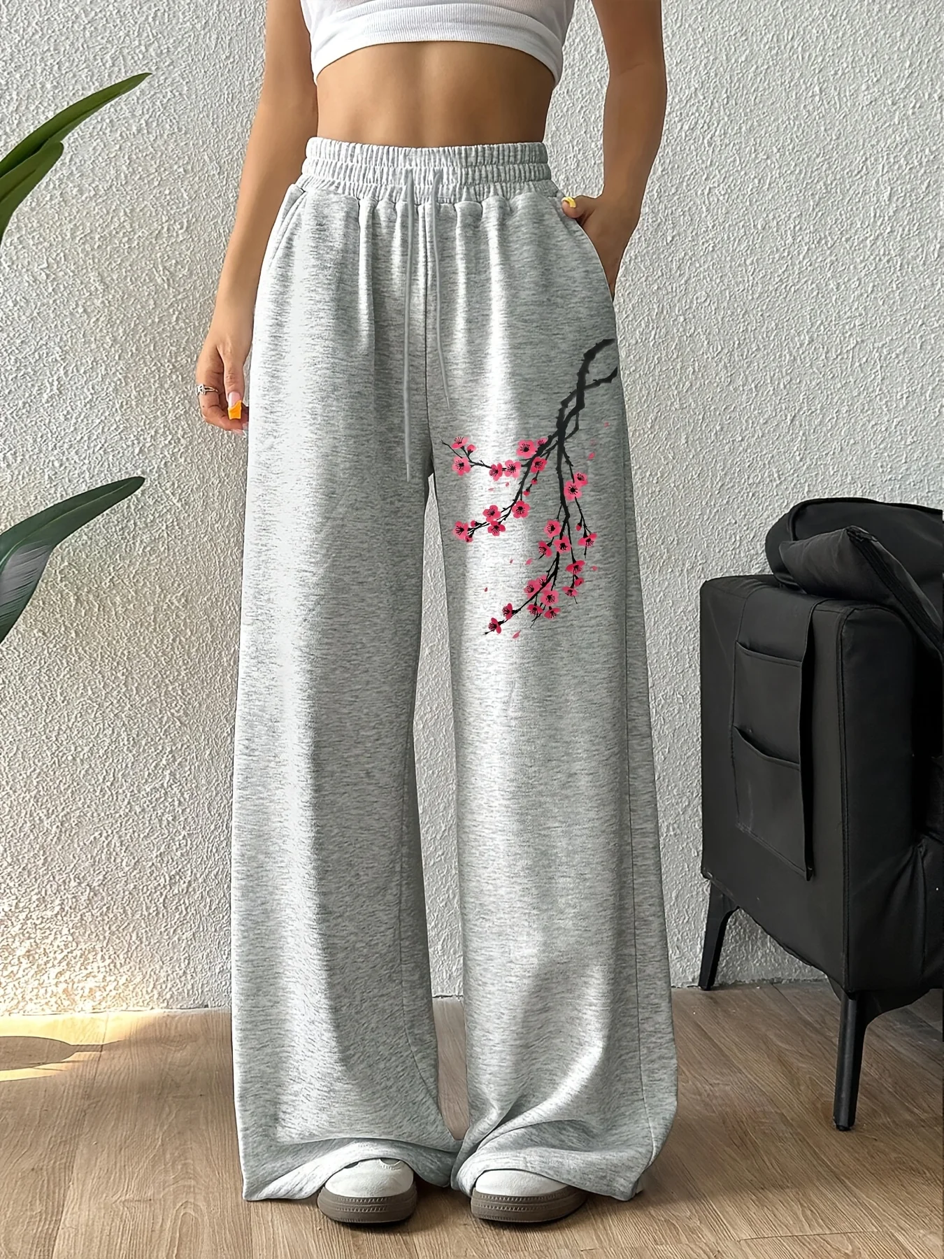 Men Women Straight‑Leg Long Pants,3D Oriental Plum Blossom Graphic Print Quick Dry Trousers Elastic Unisex Street Pants