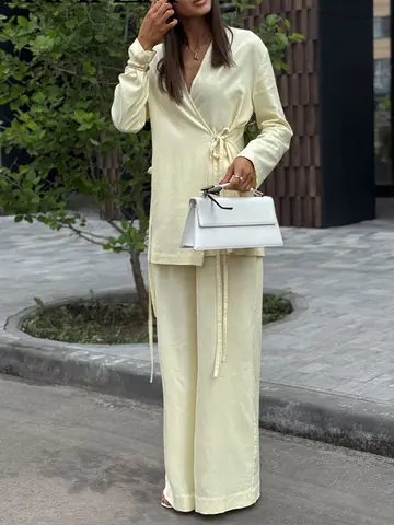 HH Fashion Women's Linen 2 Pieces Set 2025 Spring Summer Kimono Style Loose Lace Up Shirts Tops Female Wide Leg Pants Suits