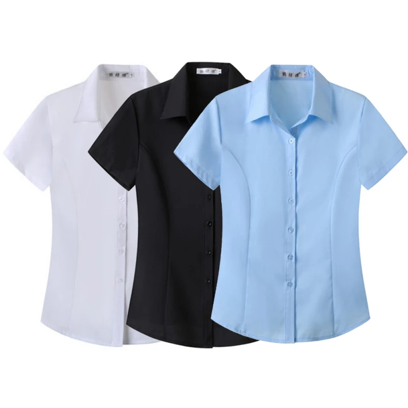 Classic-Fit Tops Women's Office Work Shirts Lapel Collared Blouse Short Sleeve Ladies Business Blouses Summer