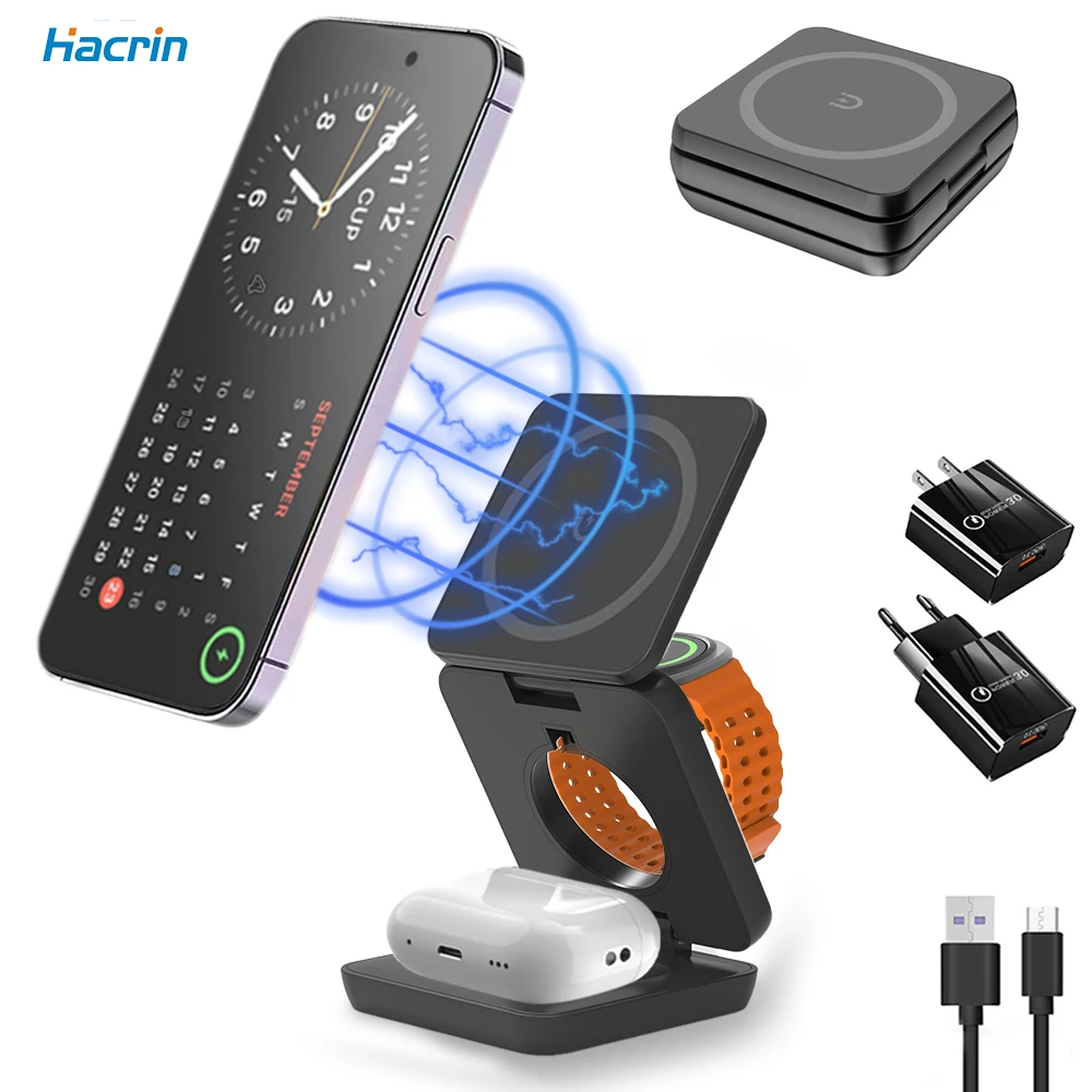 

Магнитное беспроводное зарядное устройство для iPhone 16, 15, 14, 13, 12 Pro Max, Apple Watch, Airpods, 3 в 1, зарядное устройство Magsafe, станция быстрой зарядки