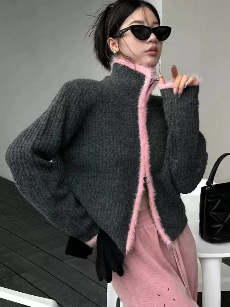 Deeptown Vintage Zipper Knitted Cardigan Women Y2K Old Money Oversized Cropped Sweater Korean Luxury Contrast Autumn Outerwear