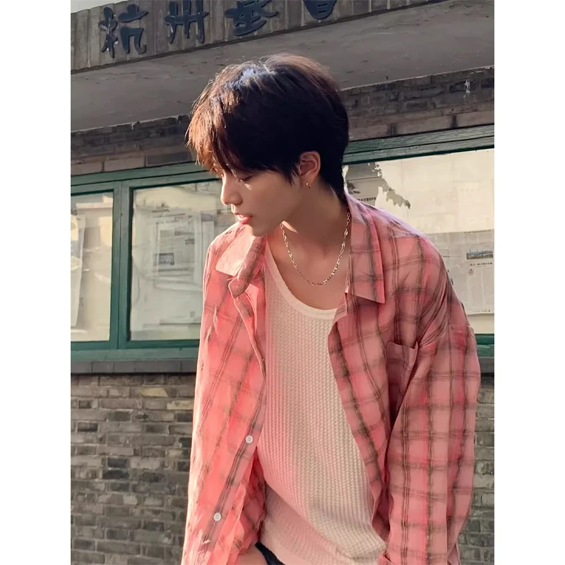 

Pink Plaid Long Sve irt Men's Clean Sle Autumn Sun Couple Outerwear American Boy Teen Summer Moisture Permeable Thin C...