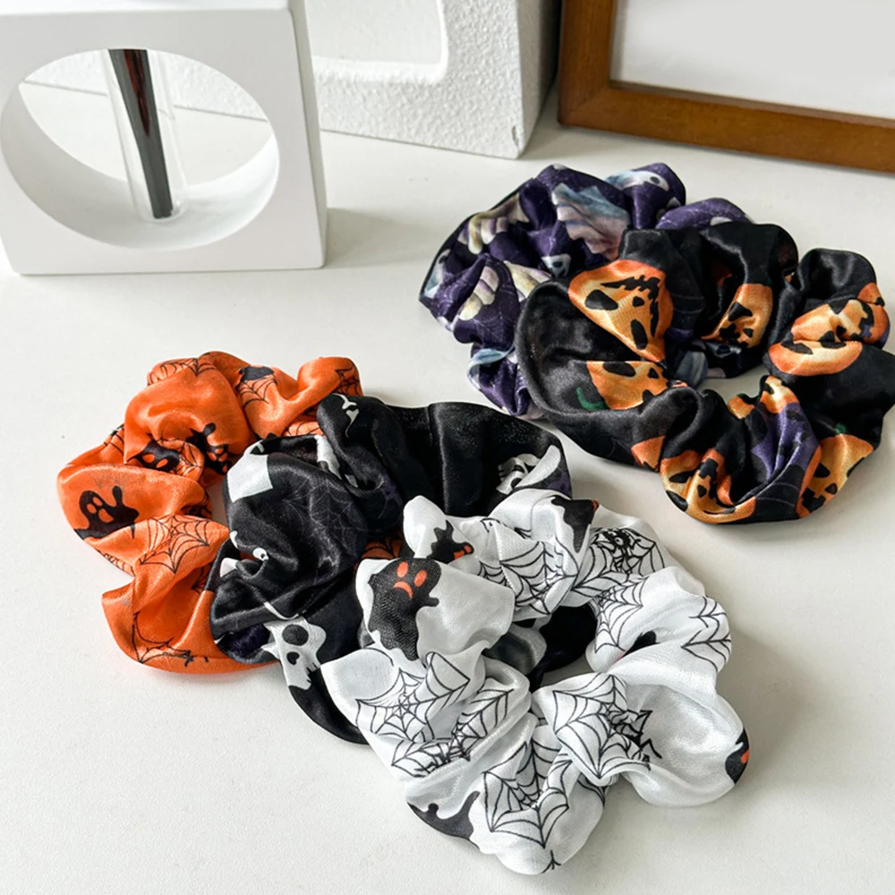 Pumpkin Skull Bat Pattern Scrunchies Cartoon Vintage Ponytail Holder Halloween Series Hair Accessories Festival Hair Tie