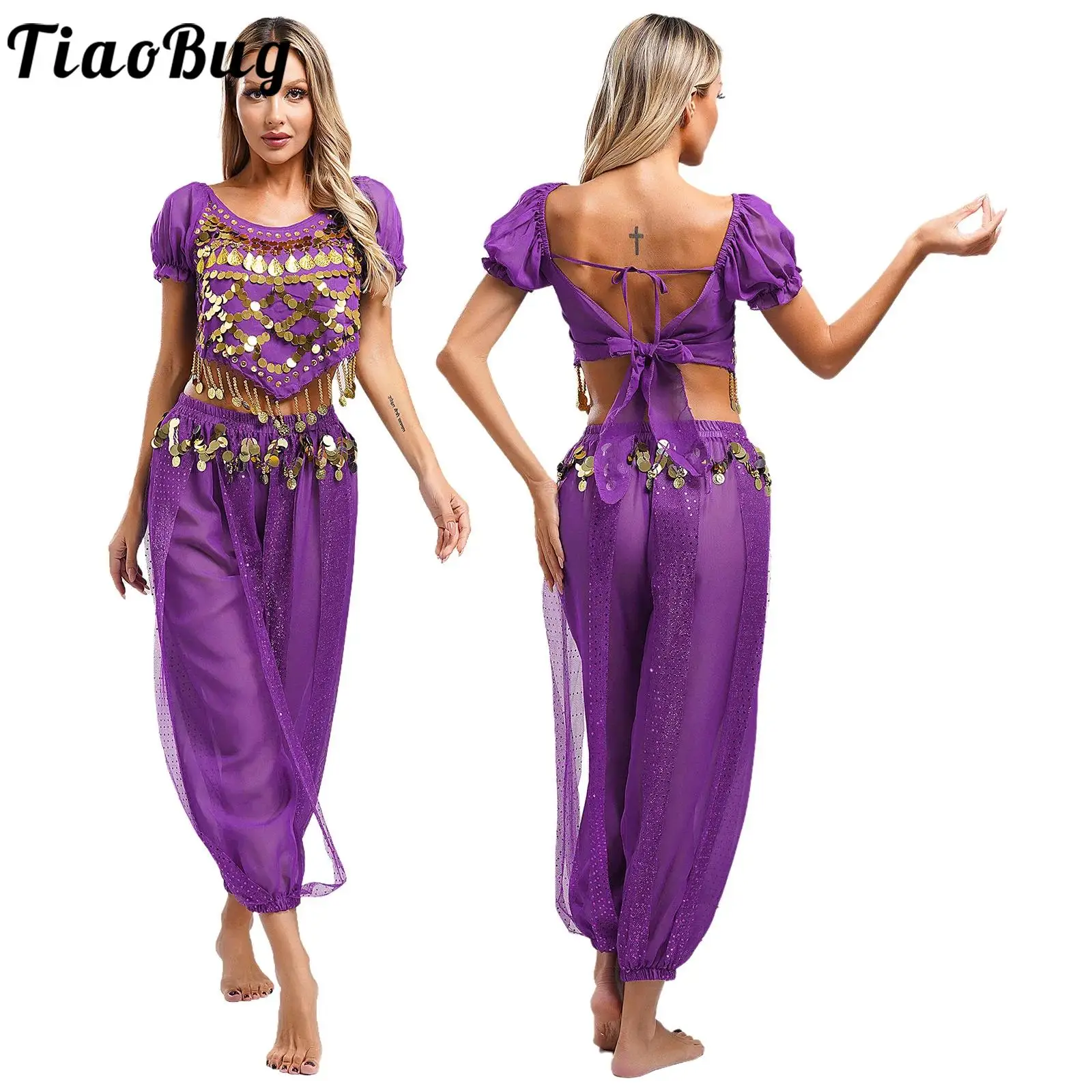 

Womens Belly Dance Costume Set Professional Arabic Indian Princess Short Sleeve Crop Top with Sequined Bloomers Pants Dancewear