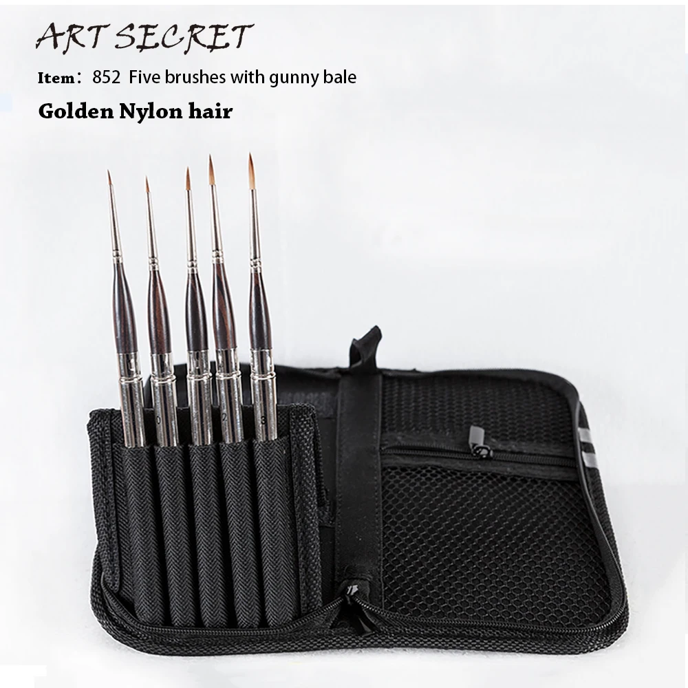 

ArtSecret, 5 шт./компл., кисти для рисования деталей с сумкой для переноски, серия 852, золотые синтетические волосы, акриловая масляная подводка, роспись bursh