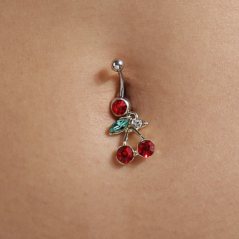 Fashion Crystal Cherry Belly Button Rings Sexy Navel Rings Belly Piercing Body Jewelry Women Girl Party Holiday Jewelry Gifts
