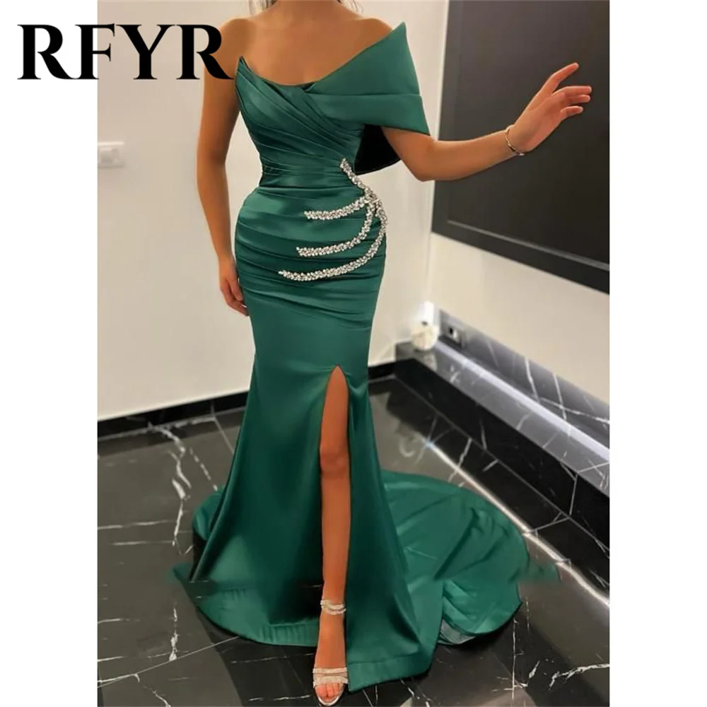 

RFYR Green Stain Mermaid Evening Dresses Sequin Prom Dress One Shoulder Party Dresses with Split vestidos de noche Customized