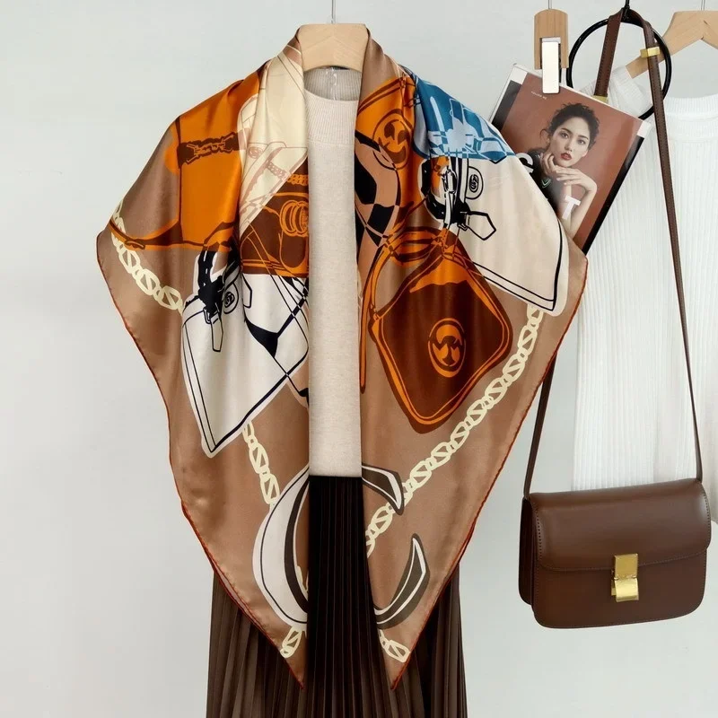 

High-end Elegant Women's Exquisite Bag Printed Quality Plain Satin Silk Hand-rolled Edge Large Square Scarf Shawl