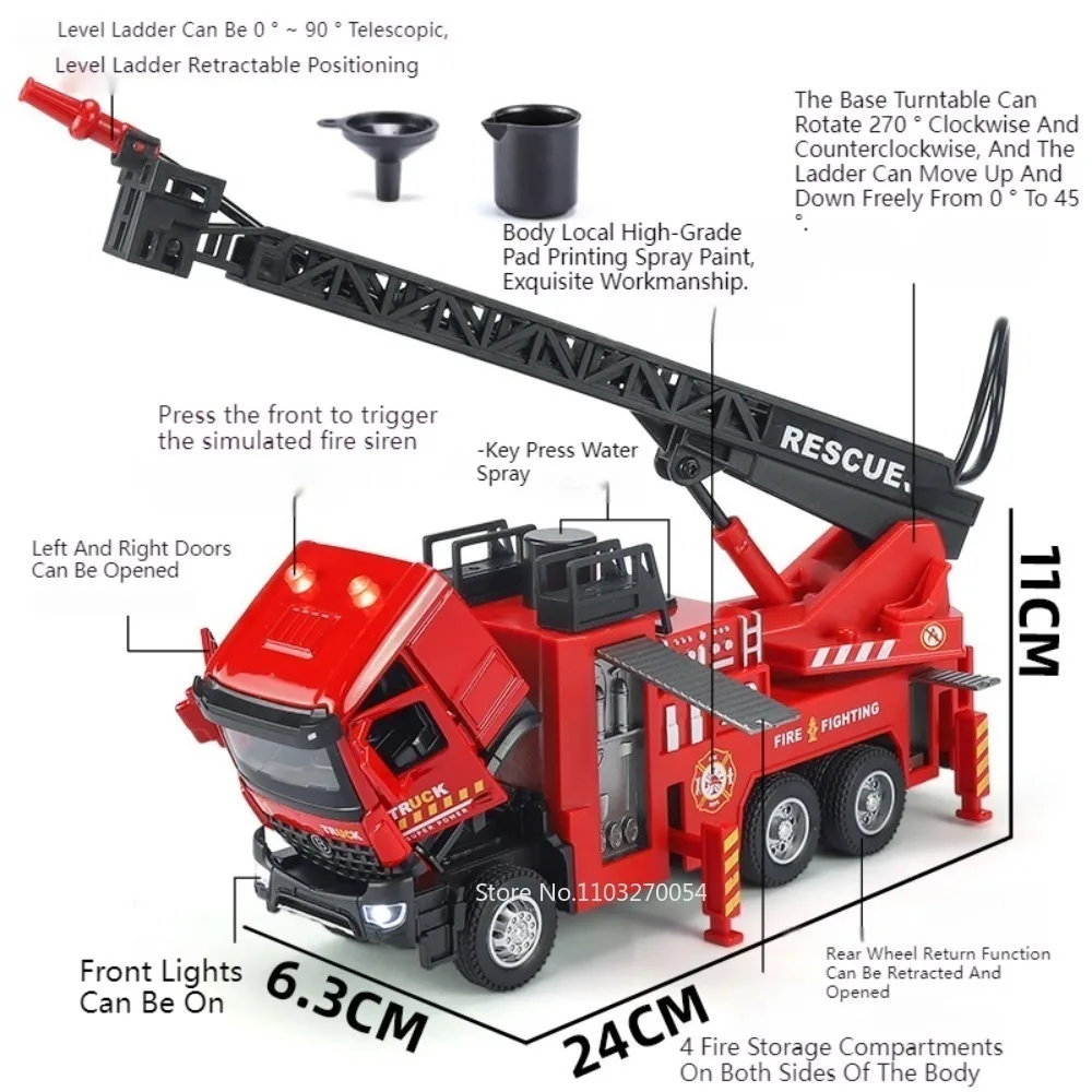 Modelo de coche de juguete con escalera en la nube, tanque de agua, camión de bomberos, vehículo de ingeniería fundido a presión, juguete de luz con sonido y PULVERIZADOR DE AGUA, regalo para niños, 1/32