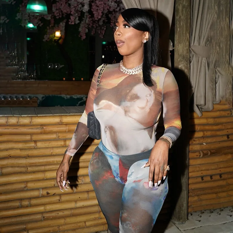 

2025 Summer Sexy Mesh Printed Sheer Slim Casual 2 Piece Set Women O Neck Full Sleeve T Shirt High Waist Pants Hipster Streetwear