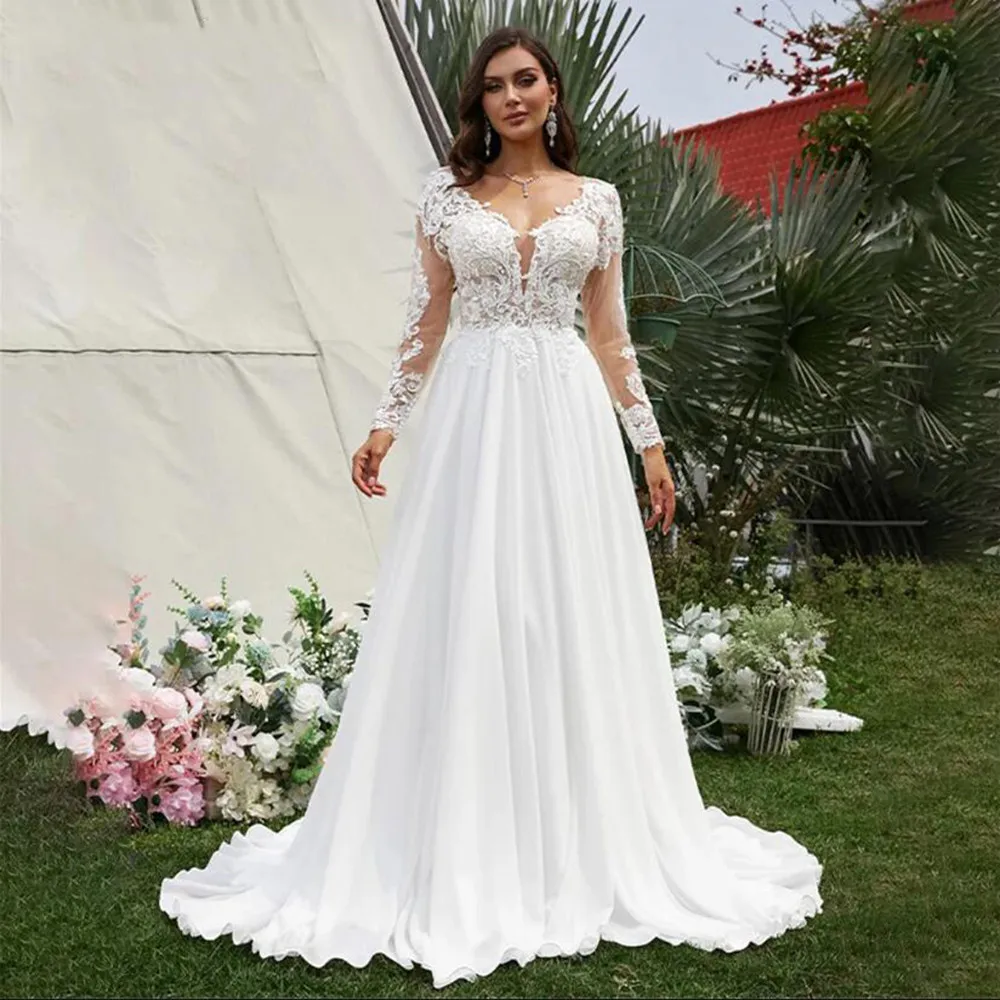 

White Princess A-line Wedding Dresses Plus Size V Neck Long Sleeves Sweep Train Chiffon Bridal Gowns For Woman Vestidos De Novia