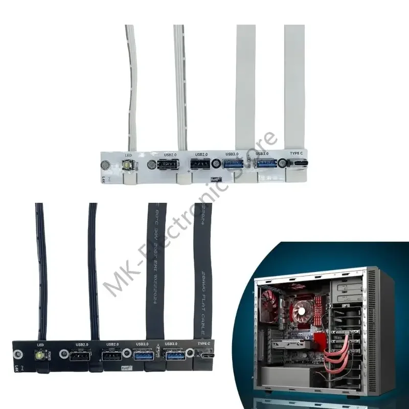 R2LF Computer Front Expansion Bracket 5 USB Port 20G Type C LED Control Switches for PC Case Desktop Accessories