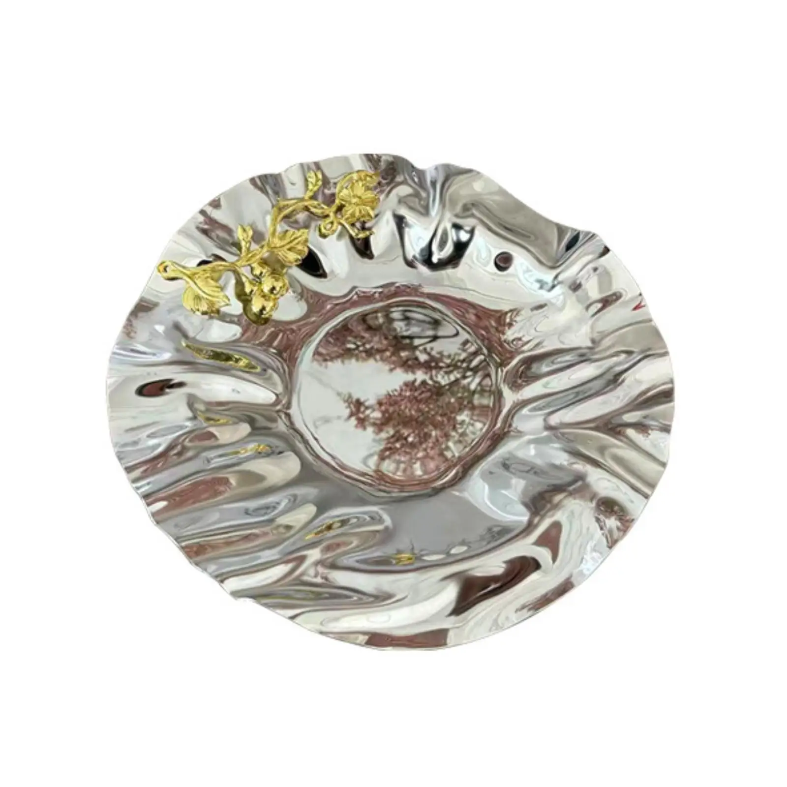 Stainless Steel Fruit Plate Reflective Plate with Rippled Surface Shallow Bowl with Wavy edge for Dining Table, Entryway