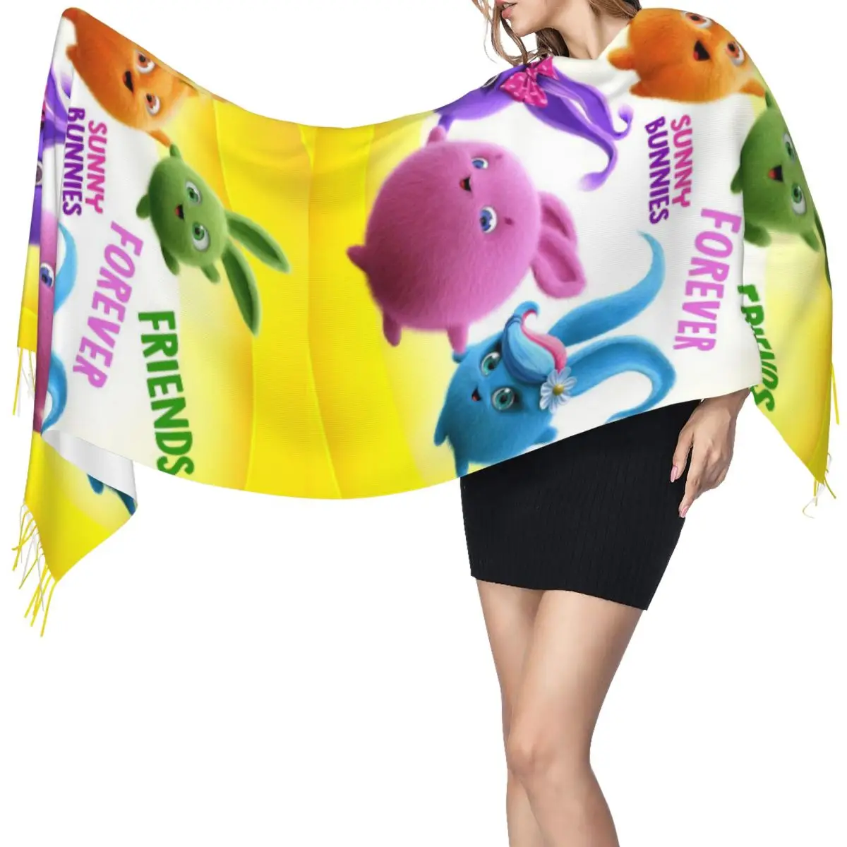 

Солнечные кролики, аниме, шарф с героями мультфильмов, шарфы с кисточками, женские мягкие теплые шали и накидки, длинная осенне-зимняя шаль