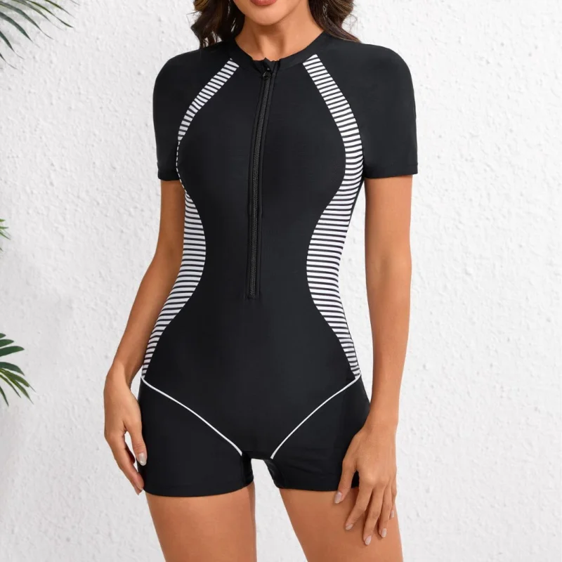 One-piece zippered sports swimsuit for women, short-sleeved surfing swimsuit, sun-protective surfing suit, boxer-style jellyfish