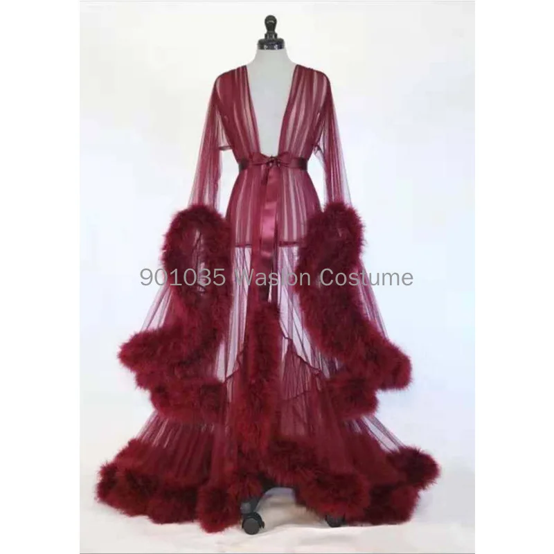 Deep V-neck Tulle Maternity Dresses Lace Hollow Horn Long-sleeved Feather Trailing Dress Photo Photography Props Vestidos