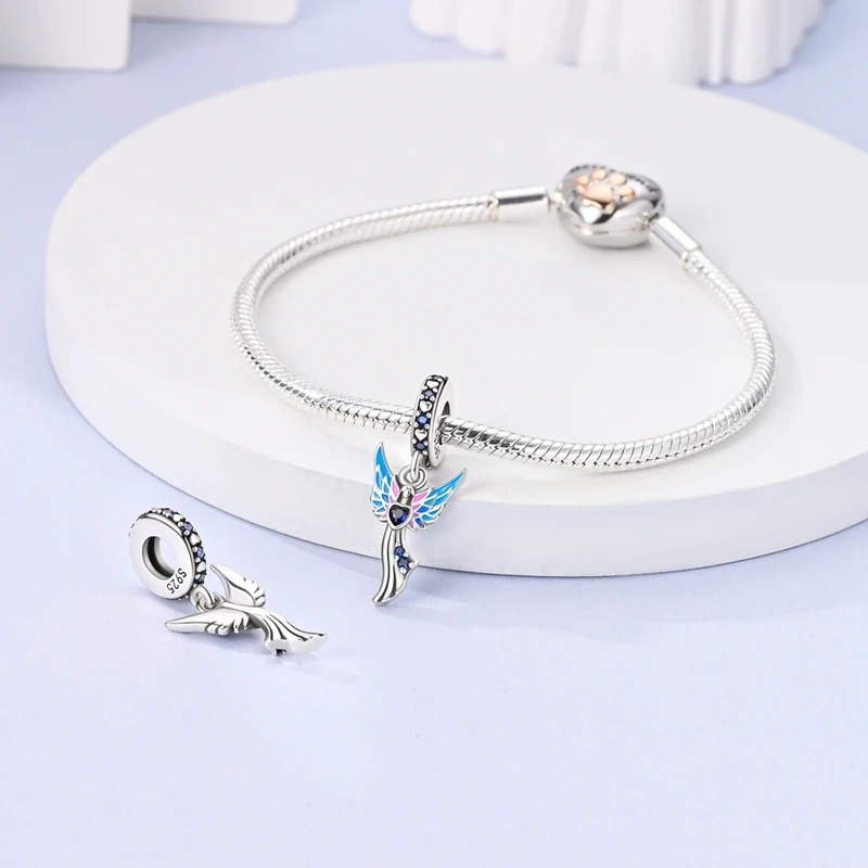 925 Sterling Silver Virgin Mary Deep Blue Golden Goddess Beautiful Blessing Charms Beads 3mm DIY Fine Jewelry Making