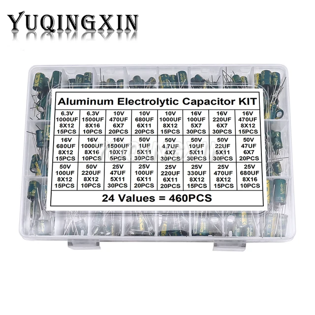 460 sztuk/pudło 24 wartości wysokiej częstotliwości niski ESR zestaw kondensatorów elektrolitycznych aluminiowych 6.3V-50V 1uF-1500uF pojemność DIP asortyment