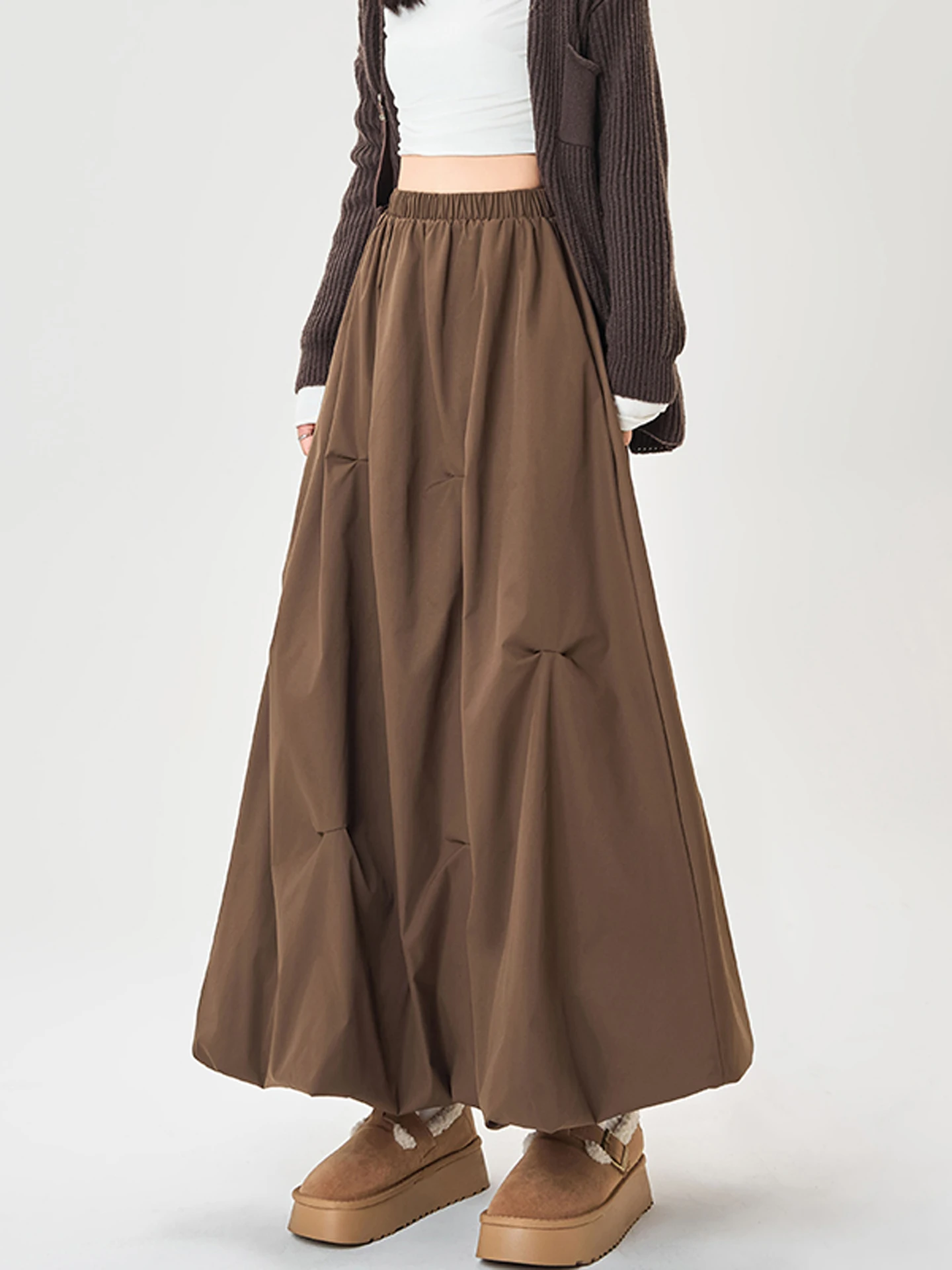 Gonna a trapezio con bocciolo increspato asimmetrico retrò Gonna longuette sottile a vita alta Ampia svasatura Primavera Autunno Gonne versatili multicolori