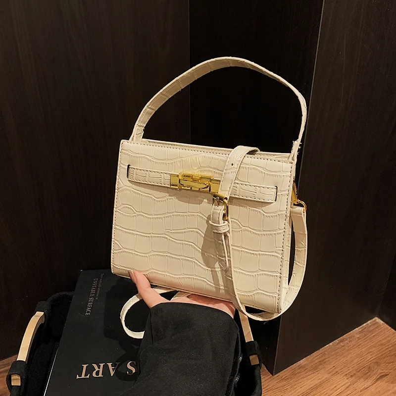 Borsa a tracolla da donna in rilievo coccodrillo, elegante borsa con chiusura a serratura, borsa a tracolla stile vintage, lussuosa e chic