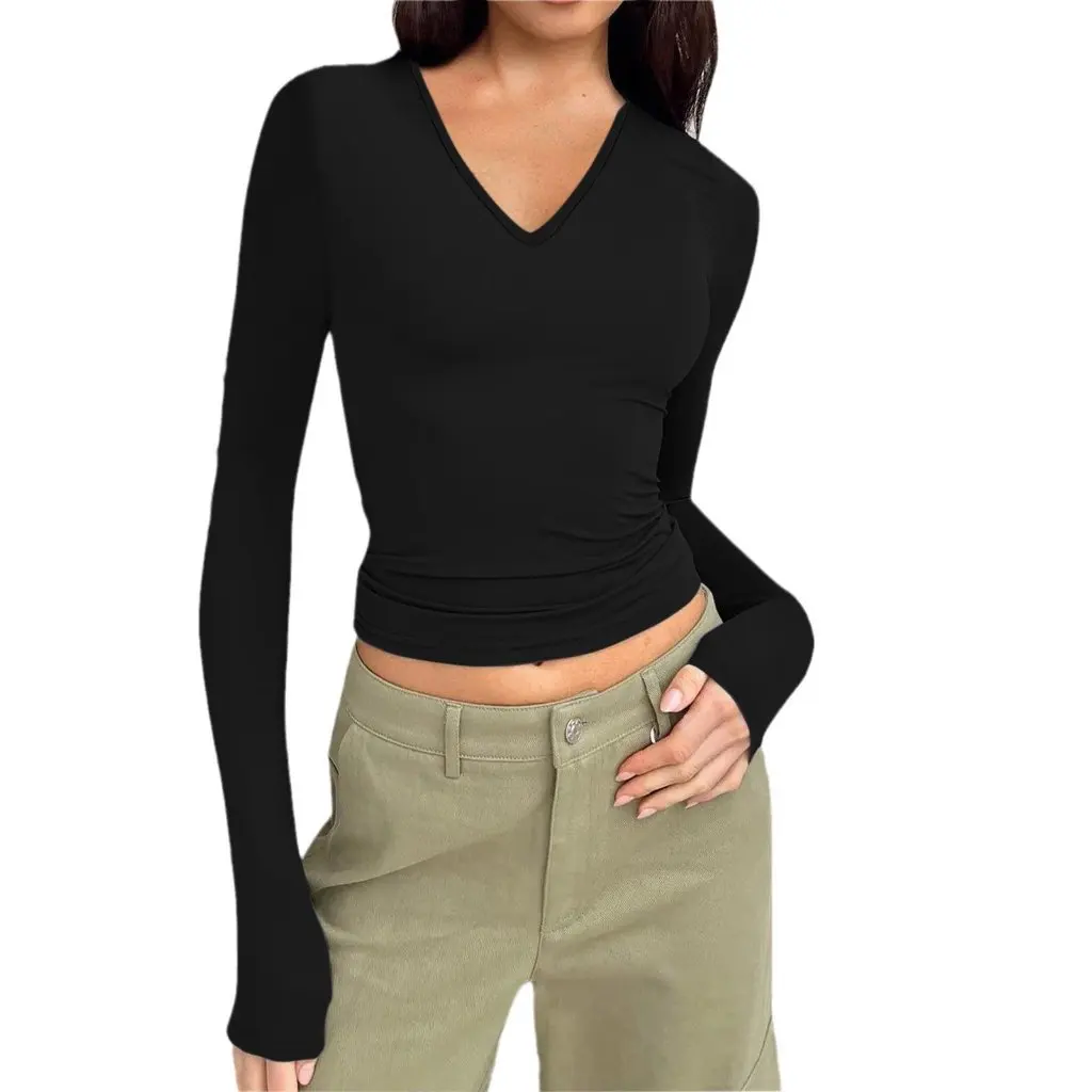 

Women's V-neck Long Sleeve T-shirt Slim Fit Basic Top for Autumn Winter European American Style All-Match Casual Wear