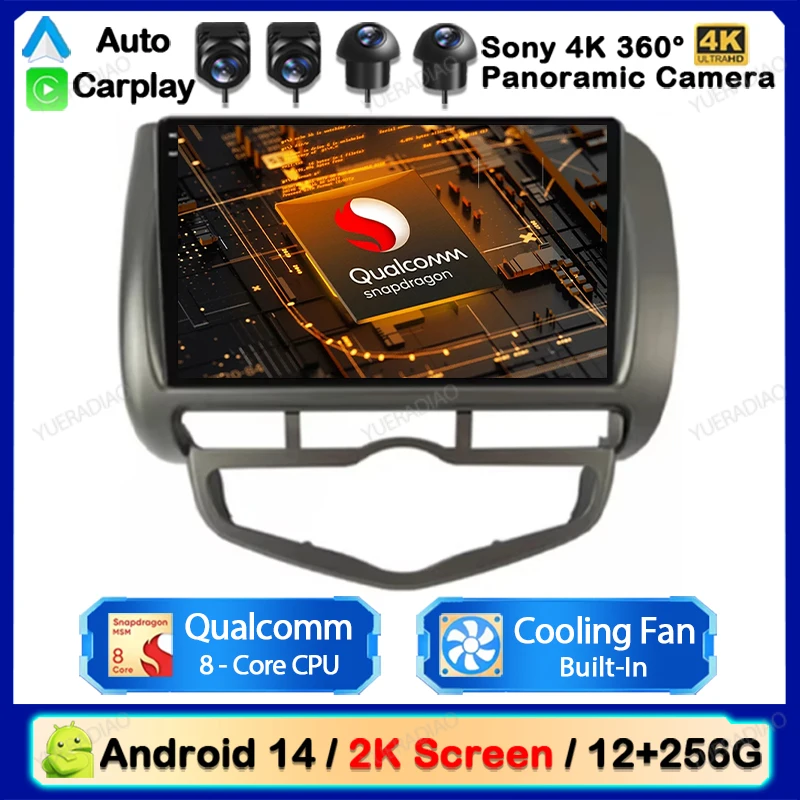 Android 14 Carplay Auto para HONDA JAZZ City 2002 - 2007 Radio de coche reproductor de vídeo estéreo Multimedia GPS WIFI + 4G NAVI unidad principal QLED