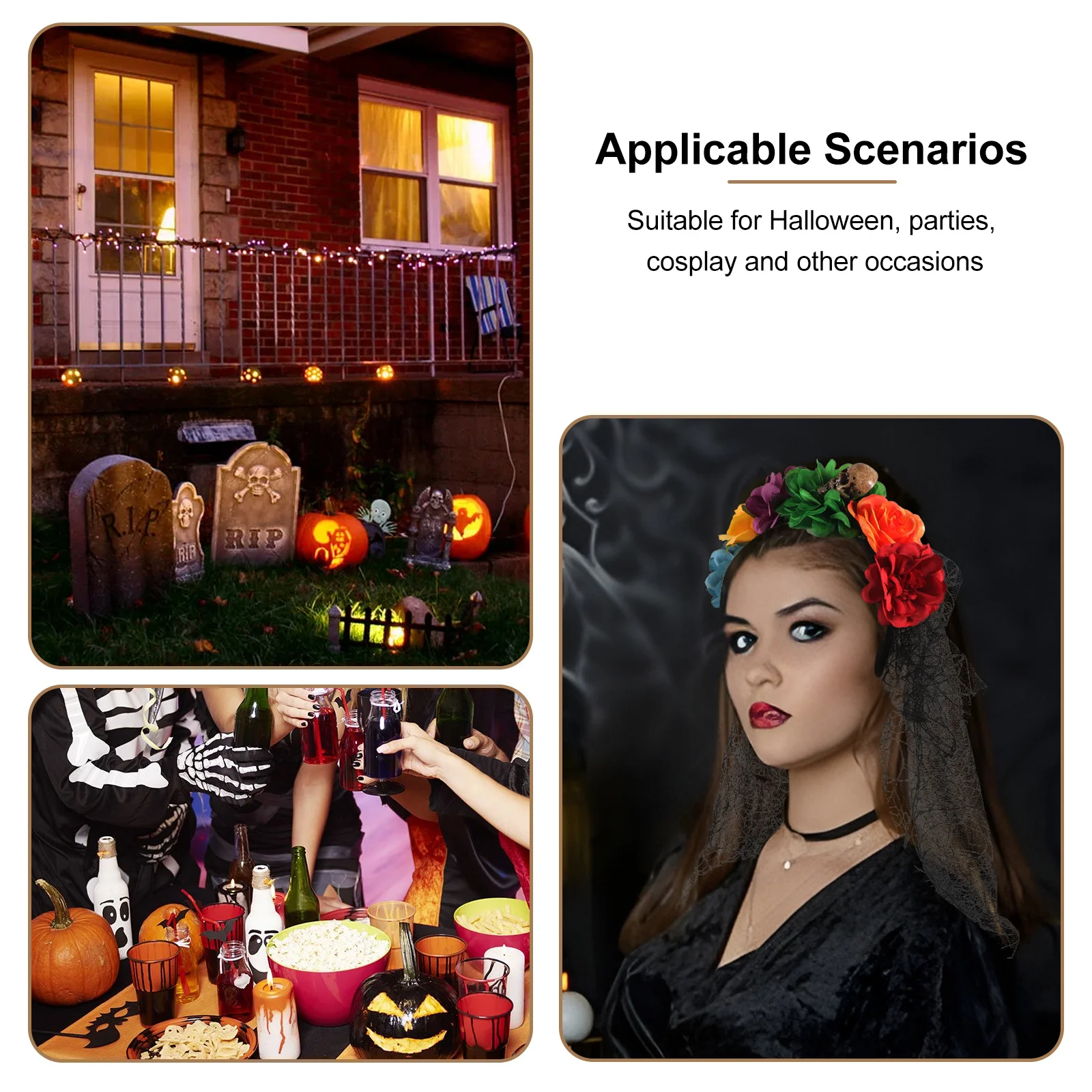 

Skull Headband Flower Veil Lightweight Halloween Cosplay Party Headwear Floral Hair Accessory Women Festival Stage Performance