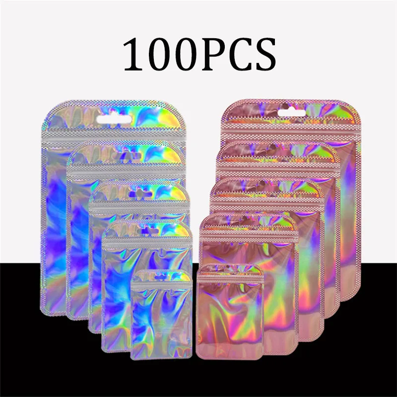 100pcs Thicken Ziplock Bags Resealable opp Bags Holographic Laser Color Plastic Pouch for Jewelry Display Packaging Storage Bag
