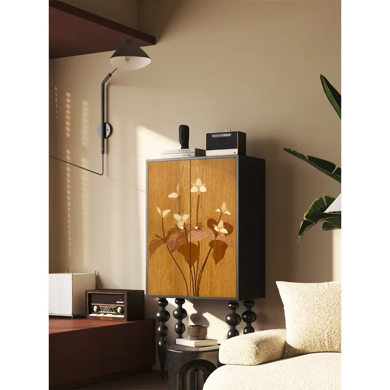 

High-footed chest retro solid wood living room wall storage locker household bedroom bedside stand cabinet