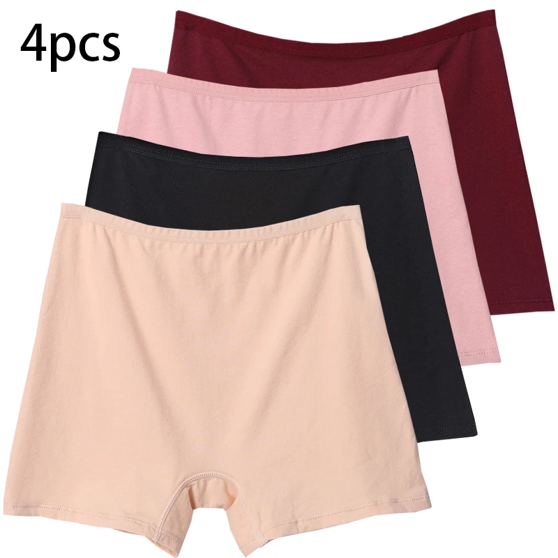 4pcs Cotton Women Panties Lady Plus Size Boxer Underwear High Waist Briefs Solid Color Female Lingerie Shorts Safety Panty