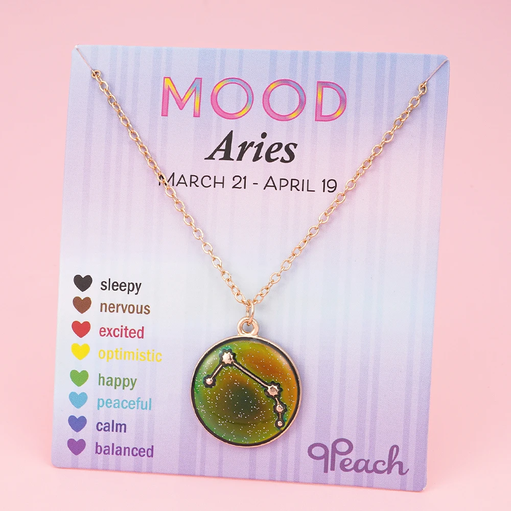 Thermochromic Color Changing 12 Constellation Pendant Fashionable Zinc Alloy Golden Plated Mood Changed Necklace Girls Jewelry
