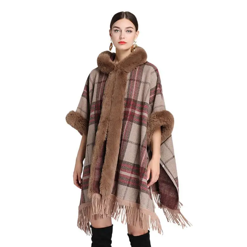 Women Cashmere Feel Hoodie Shawl Lady Rex Rabbit Faux Fur Collar Wrap Autumn Winter Plaid Cloak with Tassel Luxury Warm Overcoat