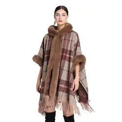 Vrouwen Kasjmier Gevoel Hoodie Sjaal Lady Rex Konijn Nepbontkraag Wrap Herfst Winter Geruite Mantel met Kwastje Luxe Warme Overjas