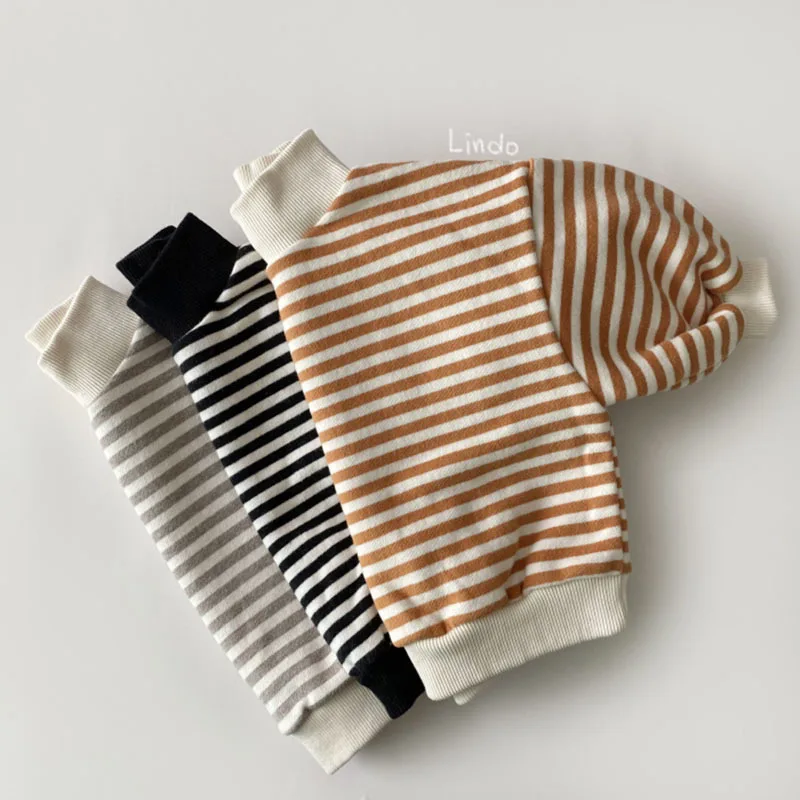 Autumn and winter men\'s and women\'s baby fashion semi-high-necked sweatshirt plush thickened striped top infant clothing