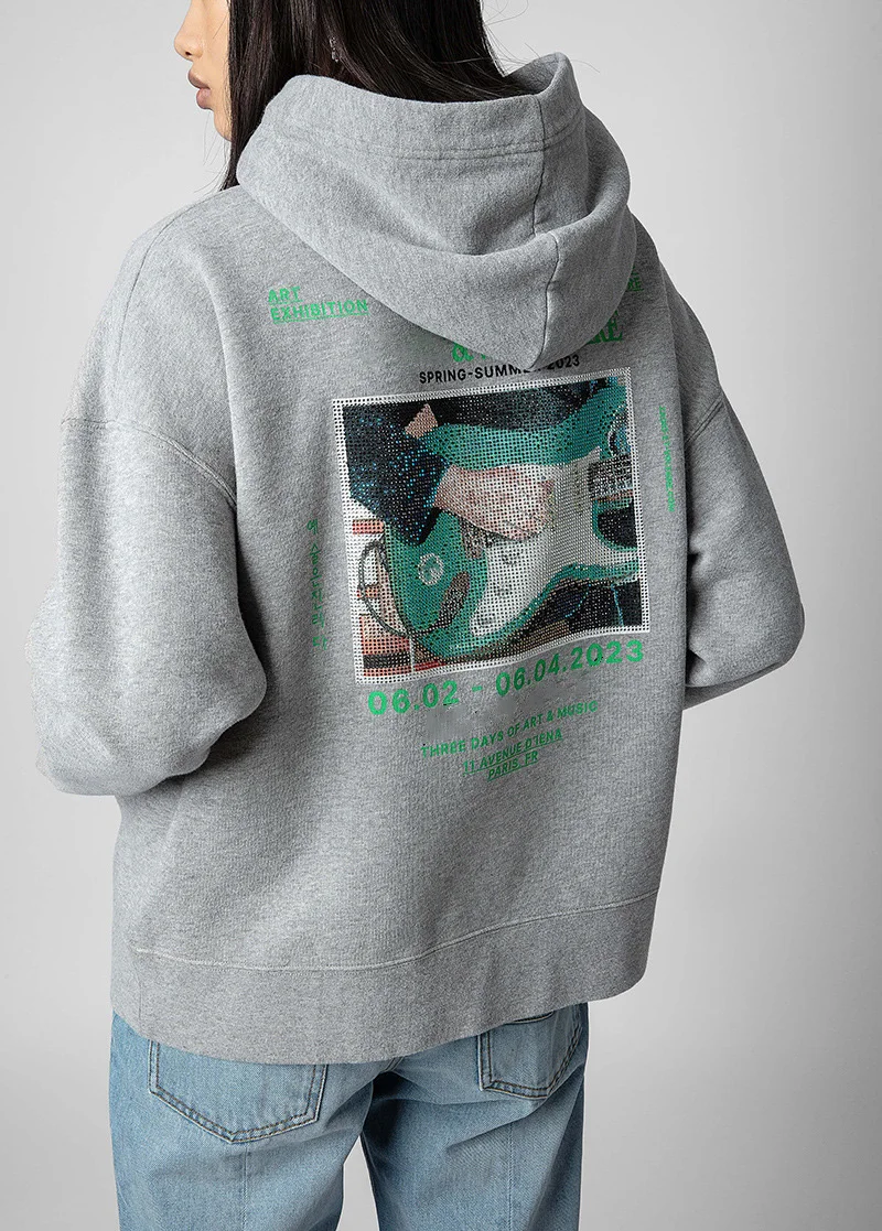 Green Diamond Guitar Gray Hoodie Women's Sweatshirt Long Sleeve Pocket Pullover Letter Printed Rhinestone Hooded Sweatshirt