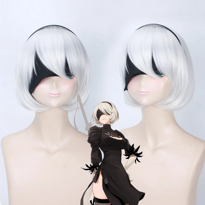 

Cosplay Game Anime Wig Costume Props NieR:Automata 2B YoRHa No. 2 Type Short White Bobo Wigs Halloween Carnival Dress Up Party