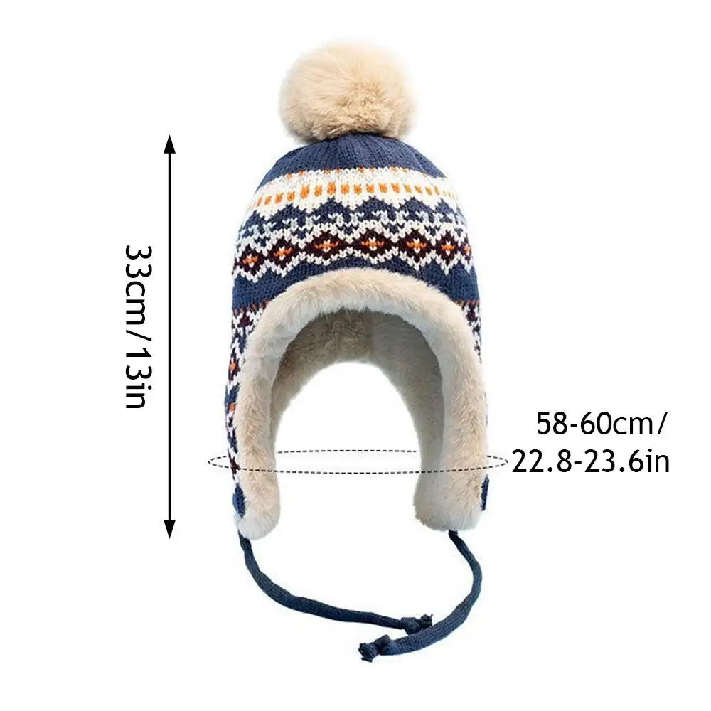 Hot Ethnic Jacquard Soft Striped Spliced Knitted Hat Coldproof Thickened Fluffy Fleece Earflap Hat Skiing Hiking Outdoor Caps